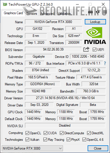 GIGABYTE GeForce RTX 3080 EAGLE OC 10G GPU-Z
