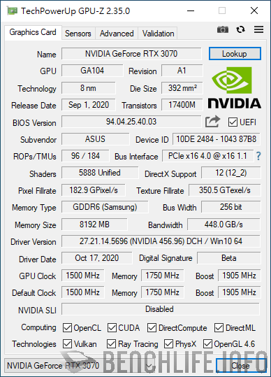 ASUS ROG Strix GeForce RTX 3070 O8G Gaming GPU-Z