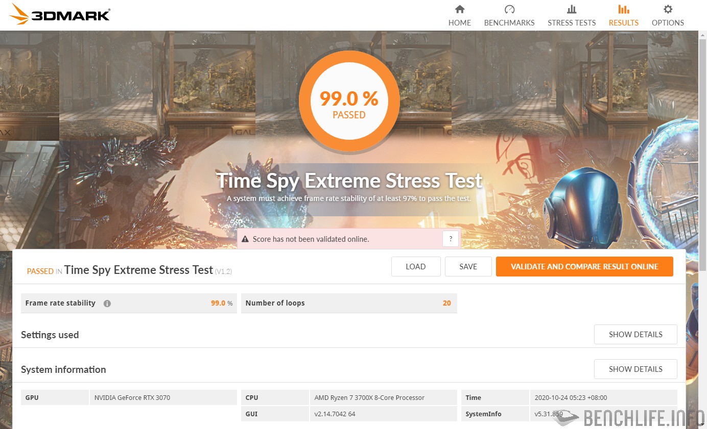 ASUS ROG Strix GeForce RTX 3070 O8G Gaming Time Spy Extreme Stress Test